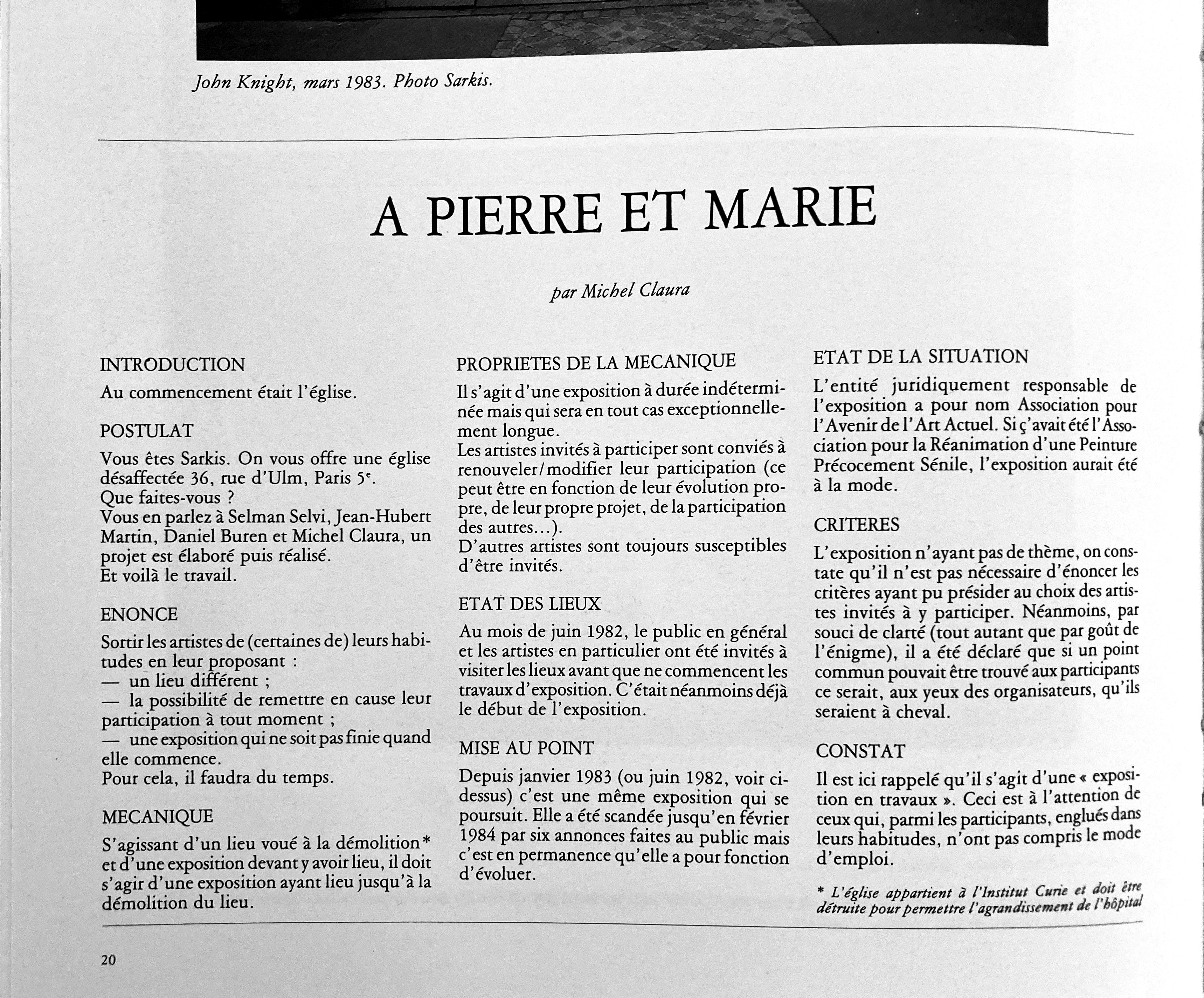 Michel Claura, A Pierre et Marie, une exposition en travaux, Revue Public n°1, 1984 - DR